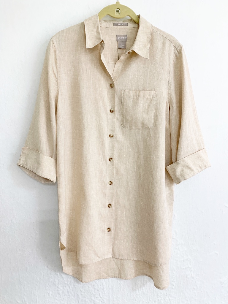 Chico's No-Iron Linen High Low Button Down Tunic In Sand Sz S